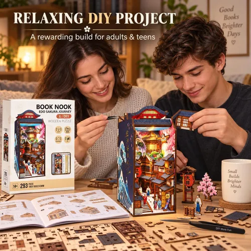 Vista 6 de Edo Sakura Journey - Kit de bricolaje de madera 3D con luz LED, inserto de estantería de flor de cerezo y decoración de sujetalibros