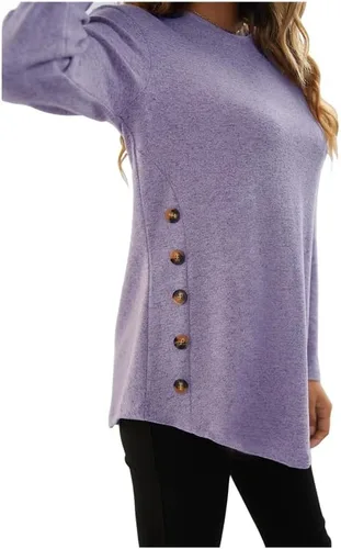 Vista 4 de Camiseta de manga larga de gran tamaño para mujer, con botones laterales, cuello redondo