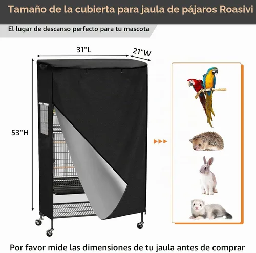 Vista 2 de Roasivi Funda universal grande para jaula de pájaros, cubierta negra y transpirable para loros y otros animales pequeños, material impermeable