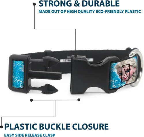 Vista 4 de Buckle-Down Collar de clip de plástico, cara de Elsa congelada, postura de acción, copos de nieve, azul, blanco, 1 pulgada de ancho, se adapta a
