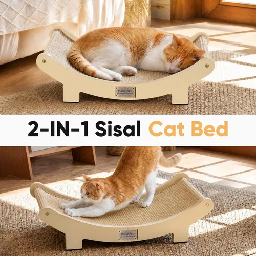 Vista 2 de FUKUMARU Extra Large Sisal Cat Scratcher Bed Indoor Sturdy Wood Scratch Bed 27.4 Inch Large Cat Scratching Bed Scratch Pad, 100% Natural Sisal Cat