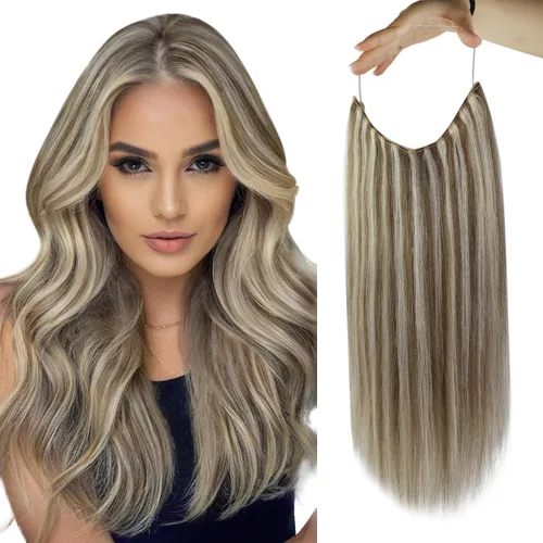 Vista 41 de Fshine - Extensiones de cabello con hilo invisible de 12 pulgadas, color rubio ceniza con reflejos de rubio decolorado, pieza de cabello humano real