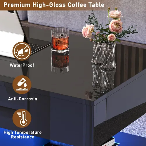 Vista 8 de 39.4" Mesa de café grande con tapa elevable, modernas mesas de café LED de alto brillo para sala de estar con almacenamiento, mesas de salón negras