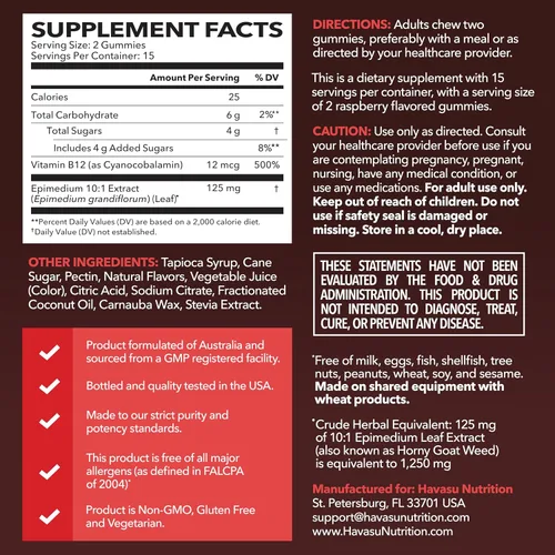 Vista 2 de Horny Goat Weed Gummies con vitamina B12, sabor a frambuesa, 30