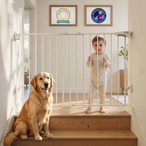 Vista 14 de Babelio Puerta de seguridad para bebés para escaleras, cocina y puertas, sin barra inferior, fácil instalación, operación con una sola mano, cierre