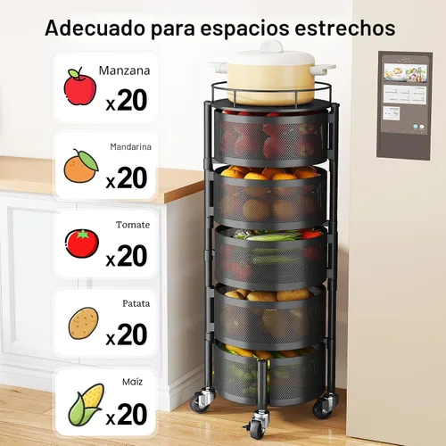 Vista 4 de SAYZH Cesta de frutas y verduras para cocina, estante de almacenamiento giratorio, carrito rodante de 5 niveles con tapa superior, ruedas de alambre