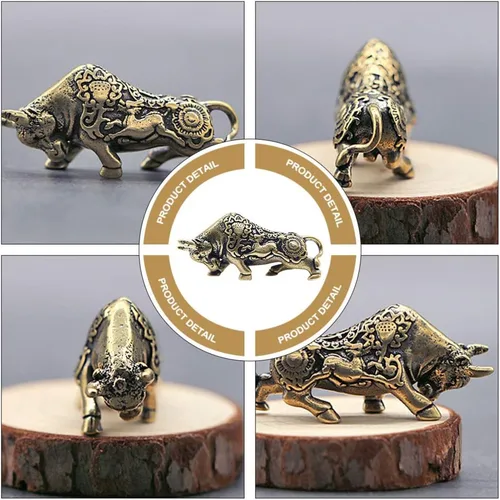 Vista 4 de Llavero de coche Mini figura de vaca, 2 piezas, figura de toro de latón, estatua de riqueza de Fengshui, figura de buey, estatua de vaca, decoración