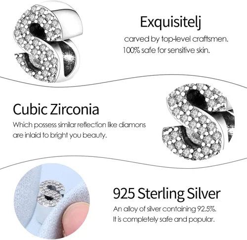 Vista 5 de Pandach Alphabet Initial Charms Letter Complete A-Z Letters Solid Silver Cubic Zircons Beads Dangle Pendants for European Bracelets Necklace Women