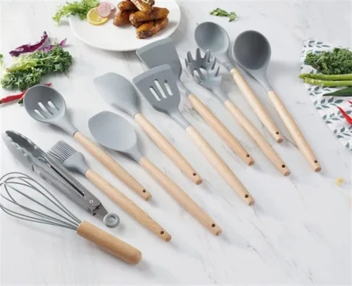 Vista 3 de TOEWOE Juego de utensilios de cocina de silicona, 12 piezas antiadherentes de silicona para el hogar, mango de madera, resistente al calor