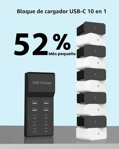 Vista 3 de Bloque de Cargador USB C Estación de Carga USB-C de 10 Puertos 6 Puertos USBC y 4 Puertos USB-A Total 50W Tira de Enchufes USB para Múltiples