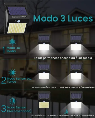 Vista 4 de 2 paquetes de luces solares para exteriores con sensor de movimiento - 3 modos/100 LED, luces solares de seguridad inalámbricas, resistentes al agua