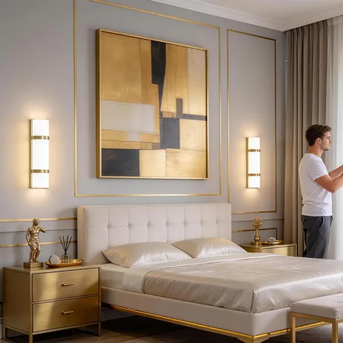 Vista 5 de Juego de 2 apliques de pared modernos para baño de 16 pulgadas, aplique de pared LED dorado con vidrio esmerilado blanco artesanal, iluminación