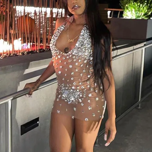 Vista 4 de DRESBE Vestido sexy de cristal con purpurina y cuello en V profundo, vestido ajustado elástico brillante para fiesta, rave, club, noche