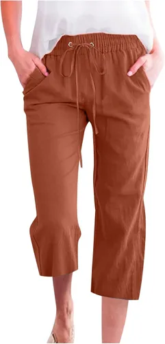 Vista 24 de Ceboyel Pantalones capri para mujer para verano, cintura elástica, pantalones de yoga, con cordón, pantalones de lino, pantalones de entrenamiento