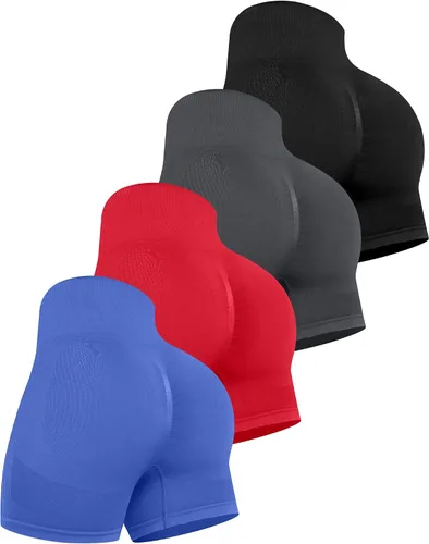 Vista 17 de CHRLEISURE Pantalones Cortos de Entrenamiento para Mujer, 4 Paquetes, Cintura Alta, Levantamiento de Glúteos con Fruncido, Pantalones Cortos Booty