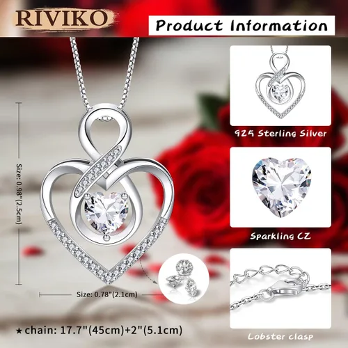 Vista 5 de RIVIKO Collar con símbolo de corazón infinito para mujer, plata de ley 925, delicado dije de corazón de amor para siempre, día de San Valentín, día