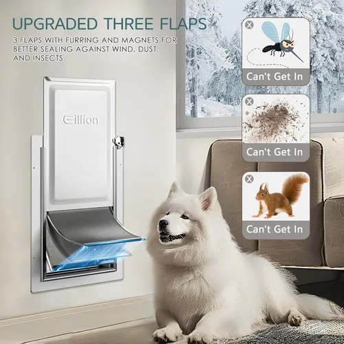 Vista 3 de Puerta para mascotas de 3 solapas para pared, puerta de perro para exterior, puerta grande para perros, marco de metal, panel de cierre de metal