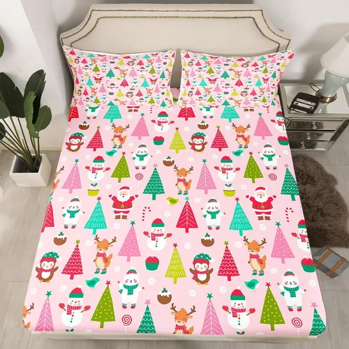Vista 9 de Juego de sábanas con diseño de Papá Noel y muñeco de nieve para niños, niñas y niños, de temática navideña, juego de cama con diseño de árbol