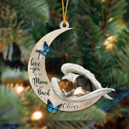 Vista 63 de Adorno colgante personalizado de ángel durmiendo en la luna, perro sabueso afgano, nombre personalizado, acrílico impreso en 2D plano – cumpleaños