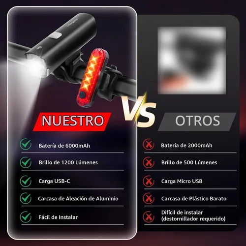 Vista 2 de Luces de bicicleta de 6000 mAh para conducción nocturna, luces brillantes de bicicleta de 1200 lúmenes, luces de bicicleta recargables USB