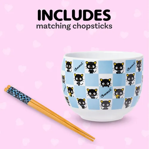 Vista 3 de Silver Buffalo Hello Kitty y sus amigos Chococat - Tazón de cerámica para ramen y arroz con palillos, patrón a cuadros, apto para microondas, 20
