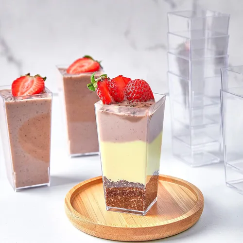 Vista 5 de TOFLEN Paquete de 50 unidades de tazas de postre mini cuadradas de 3 onzas con cucharas, tazas de postre transparentes de plástico para fiesta