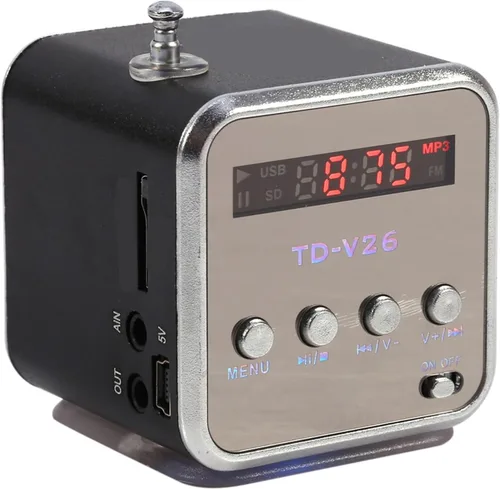 Vista 2 de Reproductor de música, mini altavoz Reproductor de música Radio FM portátil Estéreo PC Tarjeta de soporte de moda y disco U (negro)