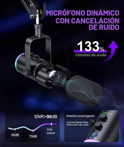 Vista 3 de Micrófono dinámico para juegos Modo dual USB/XLR Kit de micrófono de brazo RGB con silencio de un solo toque, monitor de auriculares, control