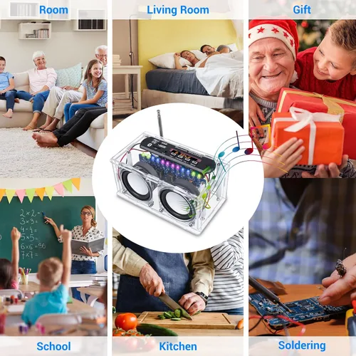 Vista 8 de Kit de altavoces compatible con Bluetooth, función de grabación, kit de práctica de soldadura de radio FM con espectro LED, soporte
