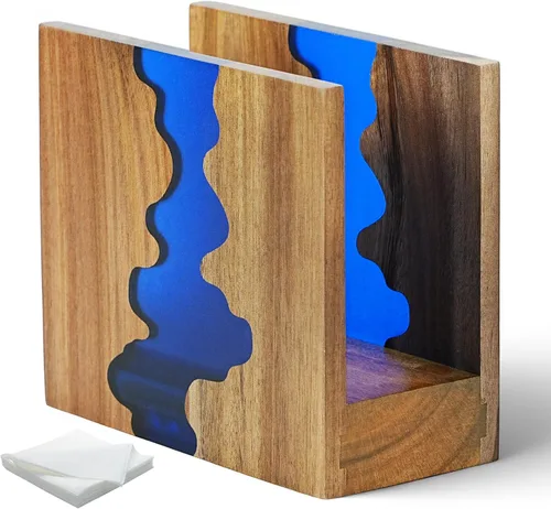 Vista 11 de Servilletero artístico, madera de acacia y resina epoxi azul con patrón de ondas oceánicas, base antideslizante gruesa para encimera de cocina