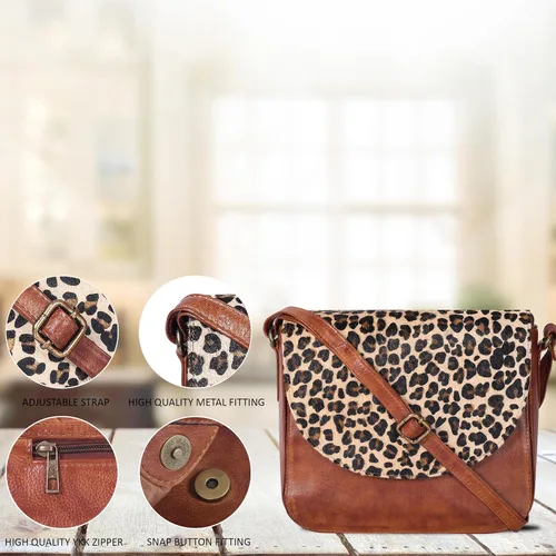 Vista 7 de Bolso bandolera de cuero genuino para mujer con correa ajustable, bolsillo móvil y cremallera exterior e