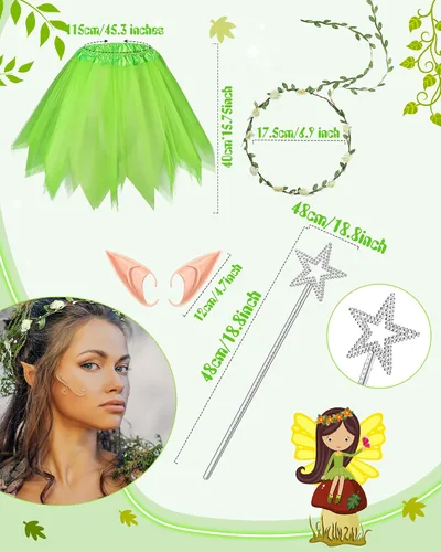 Vista 3 de Hicarer 5 Pcs Butterfly Fairy Wing Costume Set for Women Wing Elf Ear Flower Crown Star Wand Green Tutu Skirt Adult Girl Kid