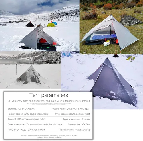Vista 5 de 3FULGEAR Lanshan1 Pro - Tienda de campaña ultraligera para 1 persona, 3/4 estaciones, profesional de nailon 20D de doble cara, tienda de campaña