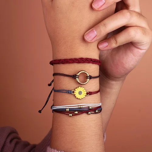 Vista 3 de Pulsera de cuerda trenzada hecha a mano con diseño de girasol para adolescentes y mujeres