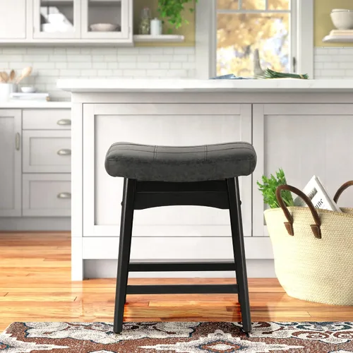 Vista 22 de Taburete de bar gris de madera maciza para encimera de cocina, taburete de bar con asiento de cuero sintético, taburete tapizado para isla de 34 a