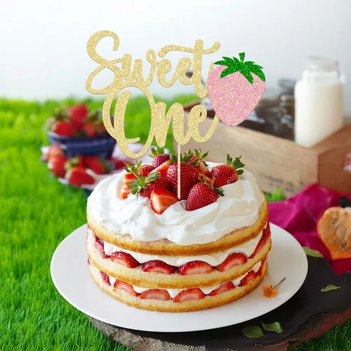 Vista 5 de Gyufise 1 pieza de fresa Sweet One Cake Topper Glitter First Birthday Strawberry Cake Pick para el tema de fruta dulce, baby shower, fiesta