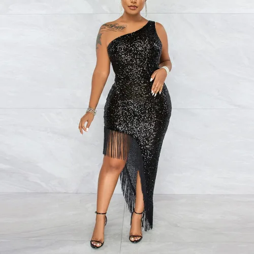 Vista 2 de Vestido de discoteca con lentejuelas y flecos para mujer, con purpurina, sexy, de un hombro, vestido de fiesta de graduación, formal, asimétrico