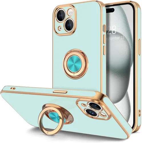 Vista 17 de Hython Funda para iPhone 15 con Soporte de Anillo, Soporte de Anillo Giratorio de 360° Soporte Magnético, Borde Chapado en Oro Rosa Cubierta Suave