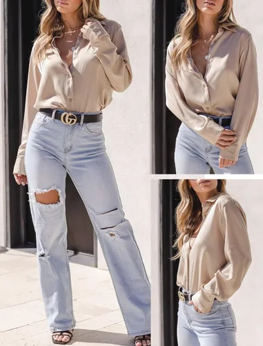 Vista 4 de Camisas con botones para mujer, blusa de manga larga con cuello, blusa casual de negocios