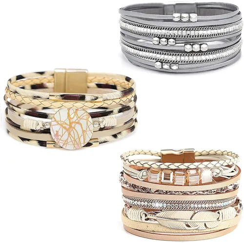 Vista 9 de Wowanoo - Juego de 3 pulseras de cuero de varias capas con cierre magnético para mujer, con cristales, ramas de árbol pulseras para mujer.