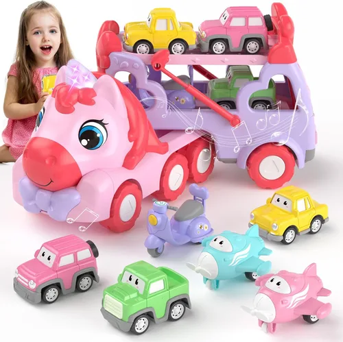 Vista 10 de newcrave - Juguetes de camiones para niñas de 1, 2, 3 años, juguetes de autos transportadores 7 en 1 para niñas pequeñas de 1-2, 2-3 años, juguete