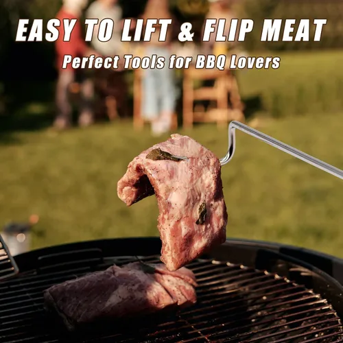 Vista 3 de 2 ganchos giratorios de acero inoxidable para barbacoa, ganchos de barbacoa para cocinar, accesorios de parrilla con mango de madera para asar