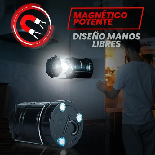 Vista 3 de Paquete de 4 linternas solares para campamento, LED recargables con batería USB/solar/AA, base magnética, gancho para colgar, plegable, impermeable