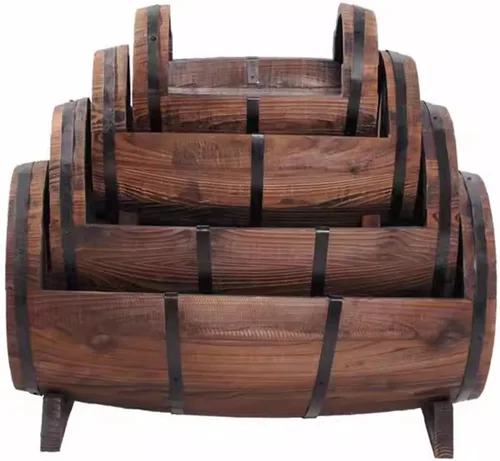 Vista 6 de HM&DX Macetas redondas de madera con orificios de drenaje, macetas rústicas de madera con agujeros de drenaje, macetas de whisky para jardín