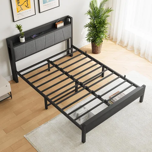 Vista 4 de BOFENG Base de cama Queen con cabecero, base de cama tapizada de metal con estación de carga, marco de cama tamaño Queen con almacenamiento,