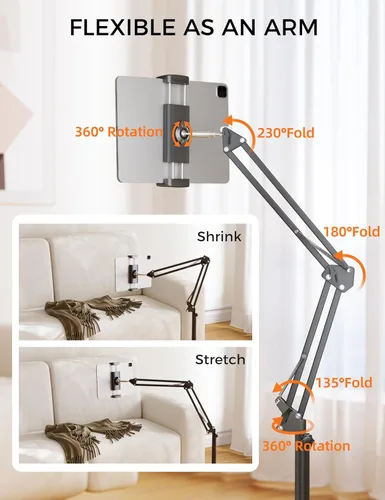 Vista 6 de VOLTIFYMAX Soporte de suelo para tableta, soporte de metal giratorio de 360 grados, soporte ajustable para Kindle, soporte universal para teléfono