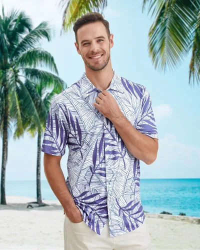 Vista 3 de BOJIN Camisa hawaiana de manga corta con botones para hombre, diseño floral tropical, sin arrugas, para vacaciones en la playa