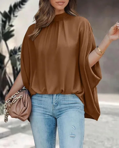 Vista 2 de BTFBM Blusas de verano para mujer, cuello alto falso, manga murciélago, holgadas, dobladillo alto y bajo, blusas informales de gran