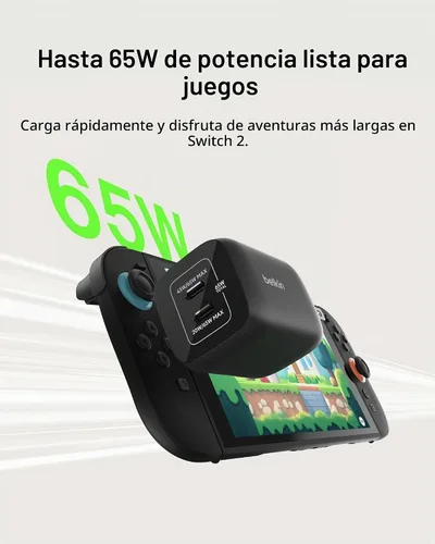 Vista 2 de Belkin Bloque de cargador USB C dual para juegos para Nintendo Switch 2 y Pro con carga rápida GaN de 65 W - Apple iPhone 17, iPad, MacBook
