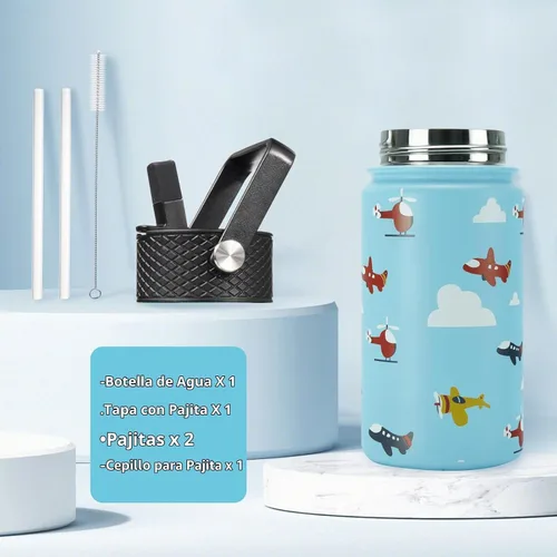 Vista 4 de BJPKPK Botella de agua con tapa con pajilla, botella de agua aislada de 15 onzas, botellas de agua de metal de acero inoxidable, termo reutilizable